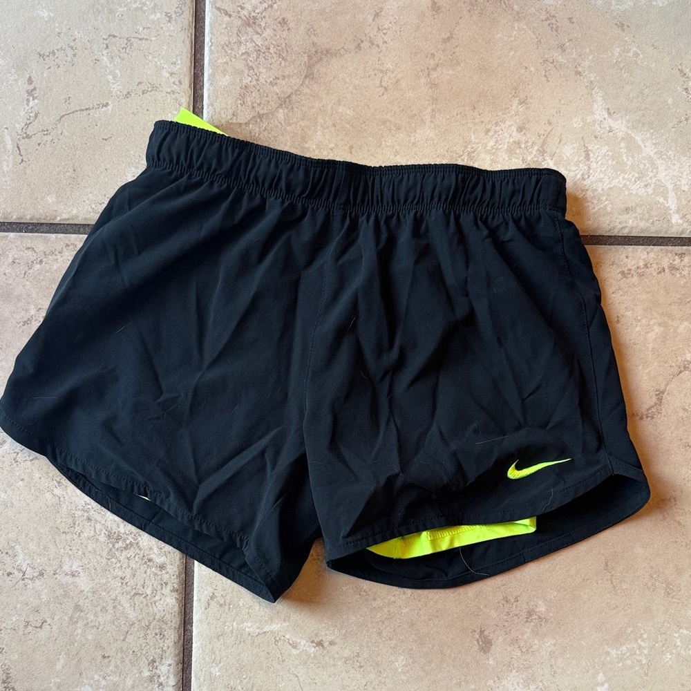 Nike Women's Black and Neon Yellow Athletic Shorts